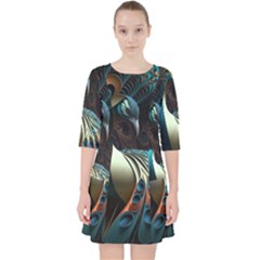 Peacock Bird Feathers Colorful Texture Abstract Quarter Sleeve Pocket Dress by Pakemis