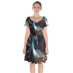 Peacock Bird Feathers Colorful Texture Abstract Short Sleeve Bardot Dress by Pakemis