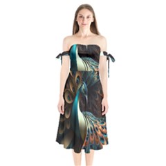 Peacock Bird Feathers Colorful Texture Abstract Shoulder Tie Bardot Midi Dress by Pakemis