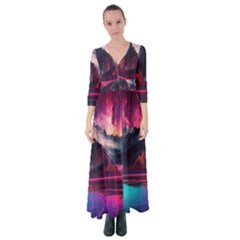 Ai Generated Mountain Ocean Lava Fire Sky Sea Button Up Maxi Dress by Pakemis