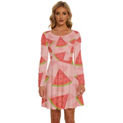 Background Watermelon Pattern Fruit Food Sweet Long Sleeve Wide Neck Velour Dress by Jancukart