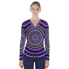 Kaleidoscope Geometric Circles Mandala Pattern V-neck Long Sleeve Top by Jancukart