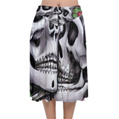 Black Skulls Red Roses Velvet Flared Midi Skirt by GardenOfOphir