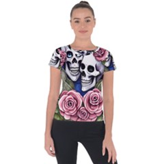 Skulls And Flowers Short Sleeve Sports Top  by GardenOfOphir