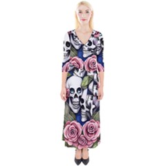 Skulls And Flowers Quarter Sleeve Wrap Maxi Dress by GardenOfOphir