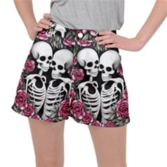 Black And White Rose Sugar Skull Ripstop Shorts by GardenOfOphir