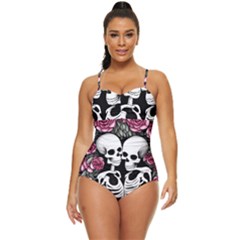 Black And White Rose Sugar Skull Retro Full Coverage Swimsuit by GardenOfOphir