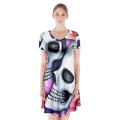 Floral Skeletons Short Sleeve V-neck Flare Dress by GardenOfOphir