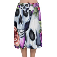 Floral Skeletons Velvet Flared Midi Skirt by GardenOfOphir