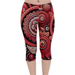 Bohemian Vibes In Vibrant Red Velvet Capri Leggings  by HWDesign