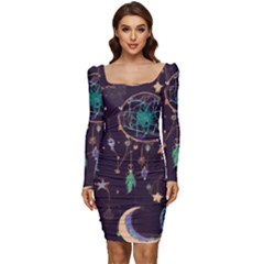 Bohemian  Stars, Moons, And Dreamcatchers Women Long Sleeve Ruched Stretch Jersey Dress by HWDesign