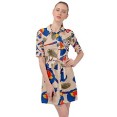 Bird Animals Parrot Pattern Belted Shirt Dress by Ravend