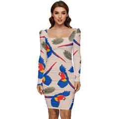 Bird Animals Parrot Pattern Women Long Sleeve Ruched Stretch Jersey Dress by Ravend