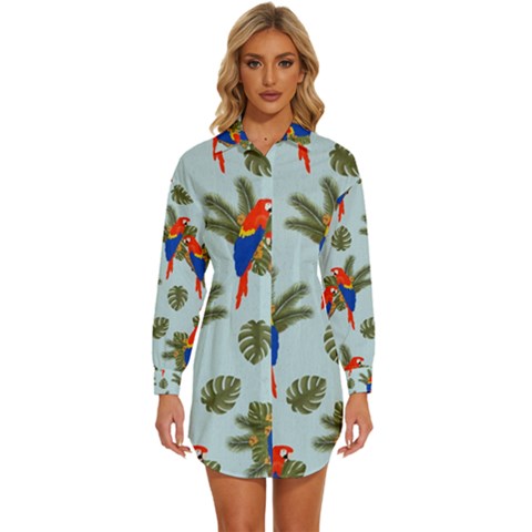 Birds Animals Nature Background Womens Long Sleeve Shirt Dress by Ravend