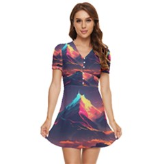 Mountain Sky Color Colorful Night V-neck High Waist Chiffon Mini Dress by Ravend