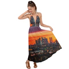 Downtown Skyline Sunset Buildings Backless Maxi Beach Dress by Ravend