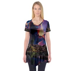 Lake Galaxy Stars Science Fiction Short Sleeve Tunic  by Uceng