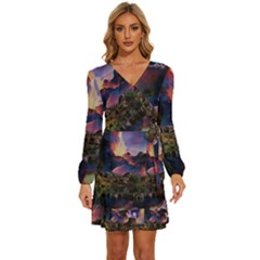 Lake Galaxy Stars Science Fiction Long Sleeve Waist Tie Ruffle Velour Dress by Uceng