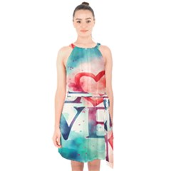 Valentines Day Heart Watercolor Background Halter Collar Waist Tie Chiffon Dress by artworkshop