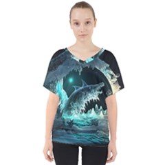 Sculpture Dinosaur Shark Frozen Winter Fantasy V-neck Dolman Drape Top by Ravend