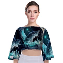 Sculpture Dinosaur Shark Frozen Winter Fantasy Tie Back Butterfly Sleeve Chiffon Top by Ravend