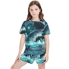 Sculpture Dinosaur Shark Frozen Winter Fantasy Kids  Tee And Sports Shorts Set by Ravend