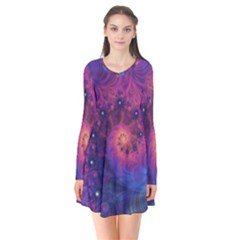 Fractal Fractals Spiral Vortex Blue Dark Art Long Sleeve V-neck Flare Dress by Ravend