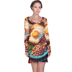 Ai Generated Breakfast Egg Beans Toast Plate Long Sleeve Nightdress by danenraven