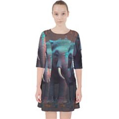 Ai Generated Elephant Tusks Trunk Wildlife Africa Quarter Sleeve Pocket Dress by danenraven