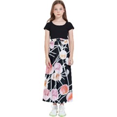 Boho Black Pink Flowers Watercolor Vi Kids  Flared Maxi Skirt by GardenOfOphir