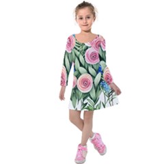 County Charm – Watercolor Flowers Botanical Kids  Long Sleeve Velvet Dress by GardenOfOphir