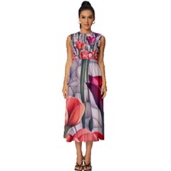 Color-infused Watercolor Flowers Sleeveless Round Neck Midi Dress by GardenOfOphir