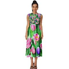 Combined Watercolor Flowers Sleeveless Round Neck Midi Dress by GardenOfOphir