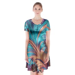 Feather Fractal Artistic Design Conceptual Short Sleeve V-neck Flare Dress by Ravend