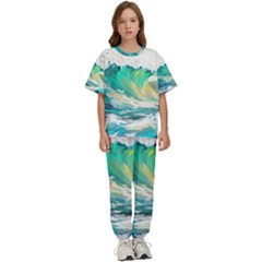 Ai Generated Waves Ocean Sea Tsunami Nautical Art Kids  Tee And Pants Sports Set by Ravend