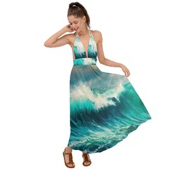 Ai Generated Waves Ocean Sea Tsunami Nautical Painting Backless Maxi Beach Dress by Ravend