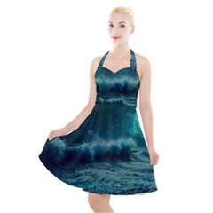 Ai Generated Waves Ocean Sea Tsunami Nautical Blue Sea Art Halter Party Swing Dress  by Ravend