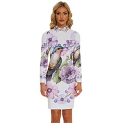 Hummingbird In Floral Heart Long Sleeve Shirt Collar Bodycon Dress by augustinet