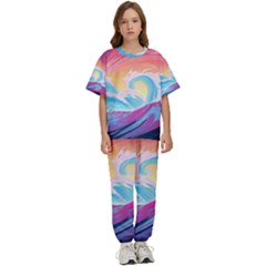 Ai Generated Waves Ocean Sea Tsunami Nautical Kids  Tee And Pants Sports Set by Ravend