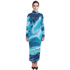 Ai Generated Waves Ocean Sea Tsunami Nautical Sea Turtleneck Maxi Dress by Ravend