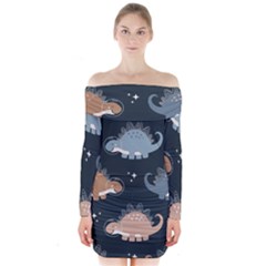 Dino Art Pattern Design Wallpaper Background Long Sleeve Off Shoulder Dress by Ravend