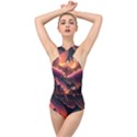 Fire Flame Burn Hot Heat Light Burning Orange Cross Front Low Back Swimsuit View1