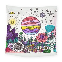 Rainbow Fun Cute Minimal Doodle Drawing Unique Square Tapestry (large) by Ravend