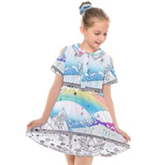 Rainbow Fun Cute Minimal Doodle Drawing Arts Kids  Short Sleeve Shirt Dress by Ravend