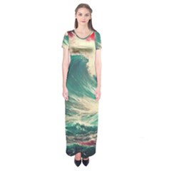 Storm Tsunami Waves Ocean Sea Nautical Nature Painting Short Sleeve Maxi Dress by Ravend