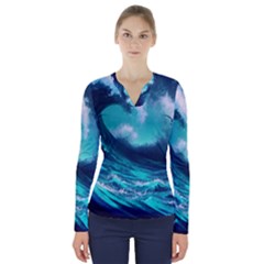 Tsunami Tidal Wave Ocean Waves Sea Nature Water V-neck Long Sleeve Top by Ravend