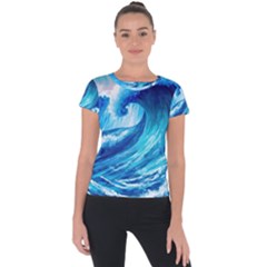 Tsunami Tidal Wave Ocean Waves Sea Nature Water Blue Painting Short Sleeve Sports Top  by Ravend