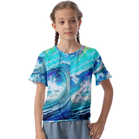 Tsunami Waves Ocean Sea Nautical Nature Water Painting Kids  Cuff Sleeve Scrunch Bottom Tee by Ravend