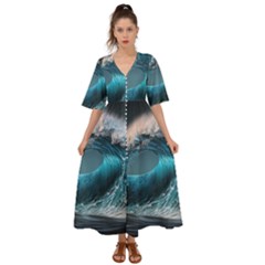 Tsunami Waves Ocean Sea Water Rough Seas Kimono Sleeve Boho Dress by Ravend