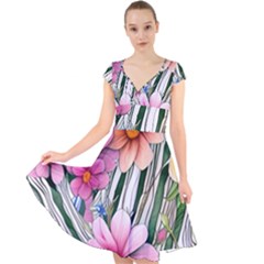 Beautiful Big Blooming Flowers Watercolor Cap Sleeve Front Wrap Midi Dress by GardenOfOphir